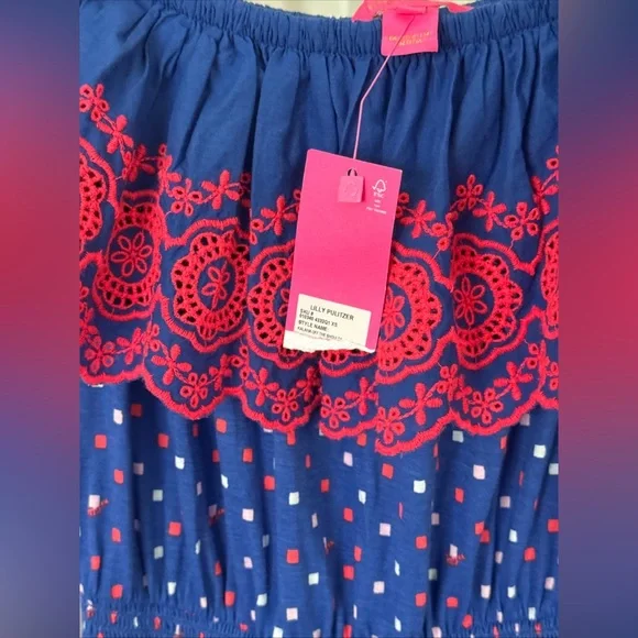 NWT Lilly Pulitzer XS Off The Shoulder Blue Pink Embroidered Kalama Mini Dress - Picture 11 of 11
